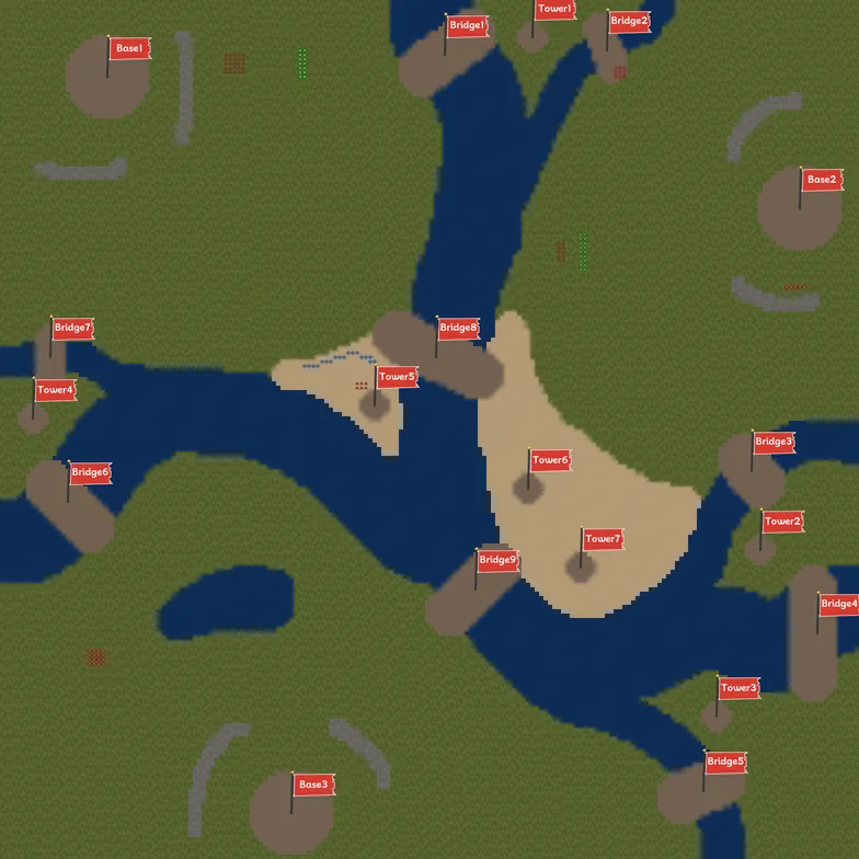Map 1 (196 × 196 × 10) with water, bridges, towers, and three bases