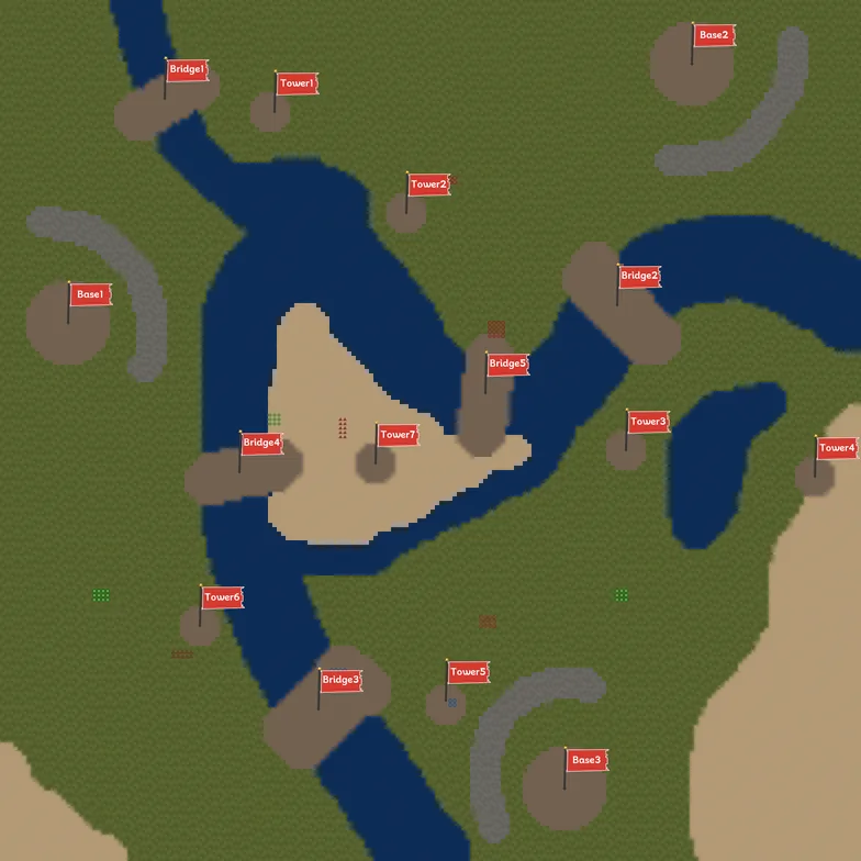 Map 2 (196 × 196 × 10) with water, bridges, towers, and three bases