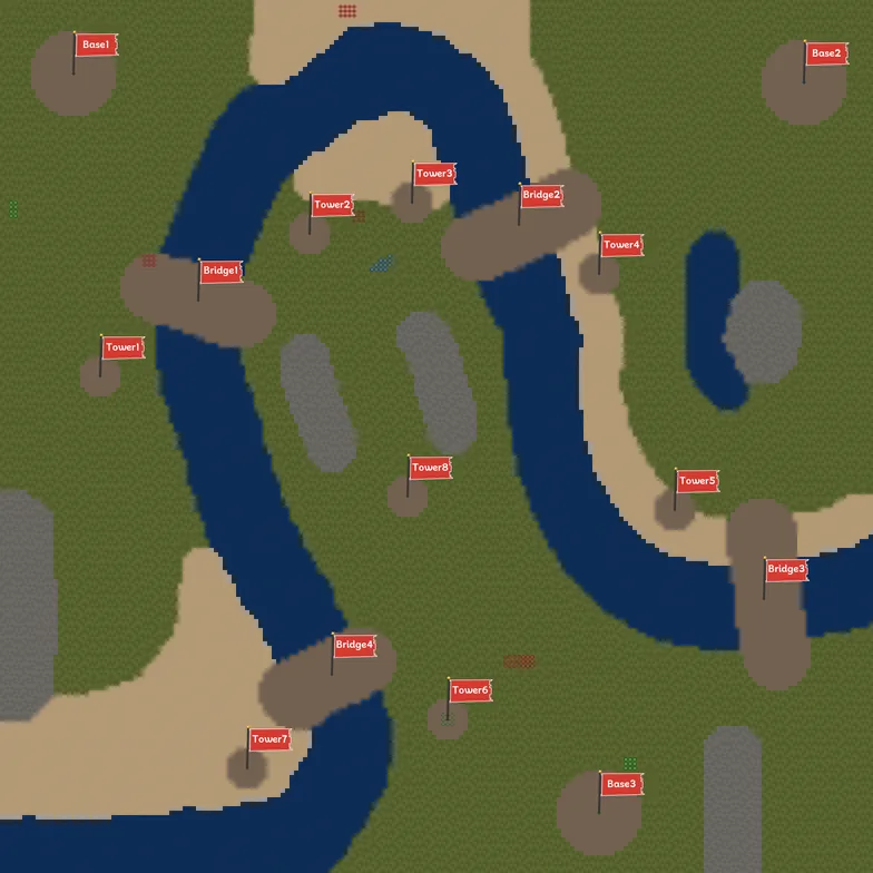 Map 3 (196 × 196 × 10) with water, bridges, towers, and three bases