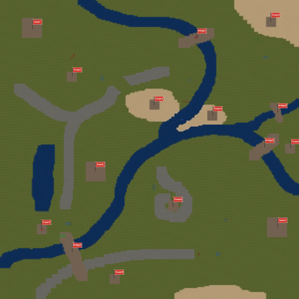 Map 4 (300 × 300 × 10) with water, bridges, towers, and three bases