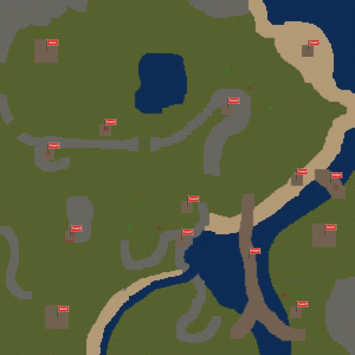 Map 5 (300 × 300 × 10) with water, bridges, towers, and three bases